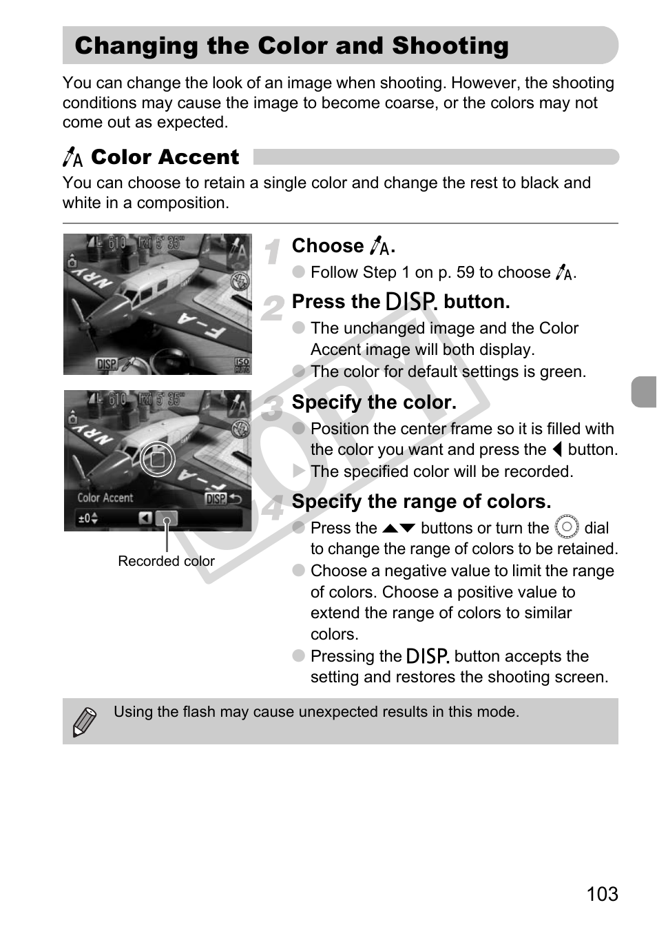 Changing the color and shooting, P. 103), Changing the color and shooting” (p. 103) | Co py | Canon POWERSHOT SX201S User Manual | Page 103 / 180