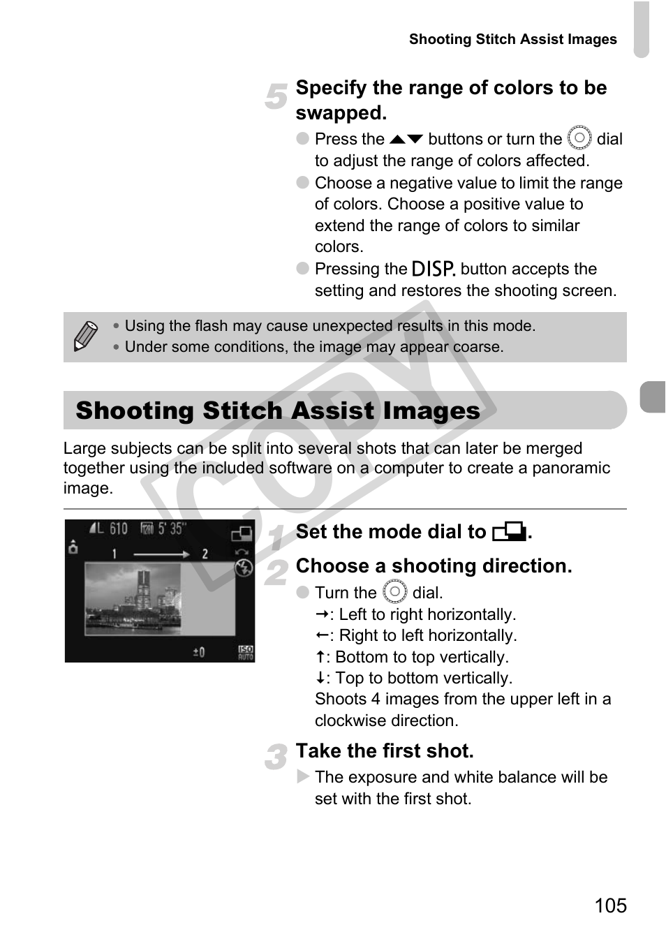 Shooting stitch assist images, Hots (p. 105), De (p. 105) | Shooting stitch assist images” (p. 105) as, Co py | Canon POWERSHOT SX201S User Manual | Page 105 / 180