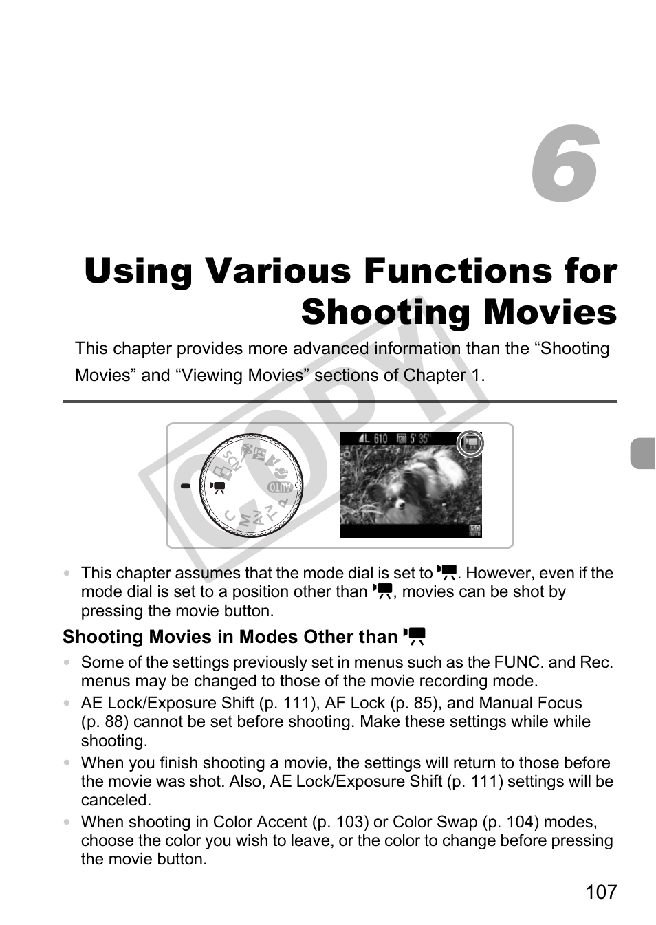 Using various functions, For shooting movies, P. 107 | Co py, Using various functions for shooting movies | Canon POWERSHOT SX201S User Manual | Page 107 / 180