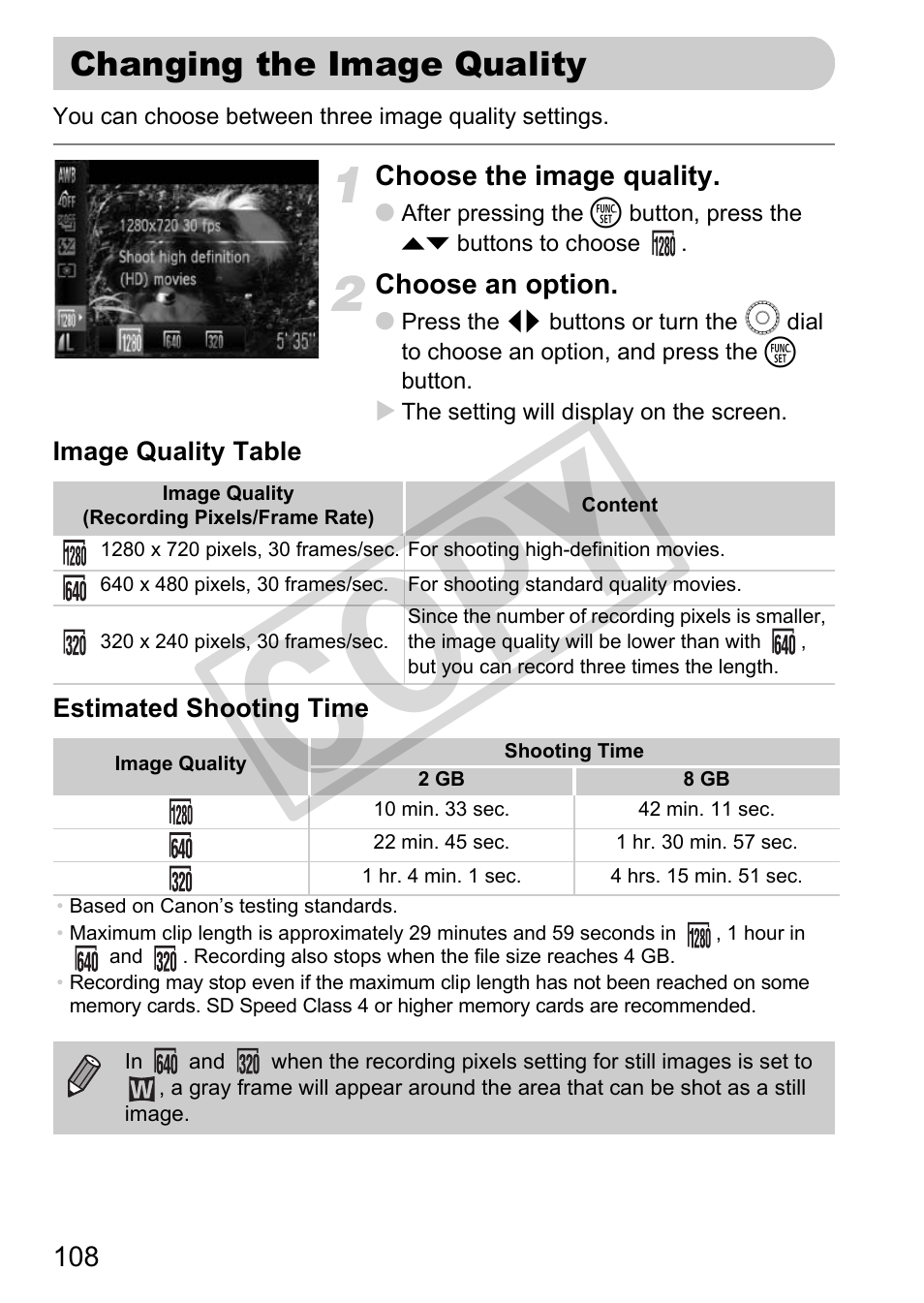 Changing the image quality, Movies) (p. 108), Images (p. 108) | Ies) (p. 108), P. 108), Co py | Canon POWERSHOT SX201S User Manual | Page 108 / 180