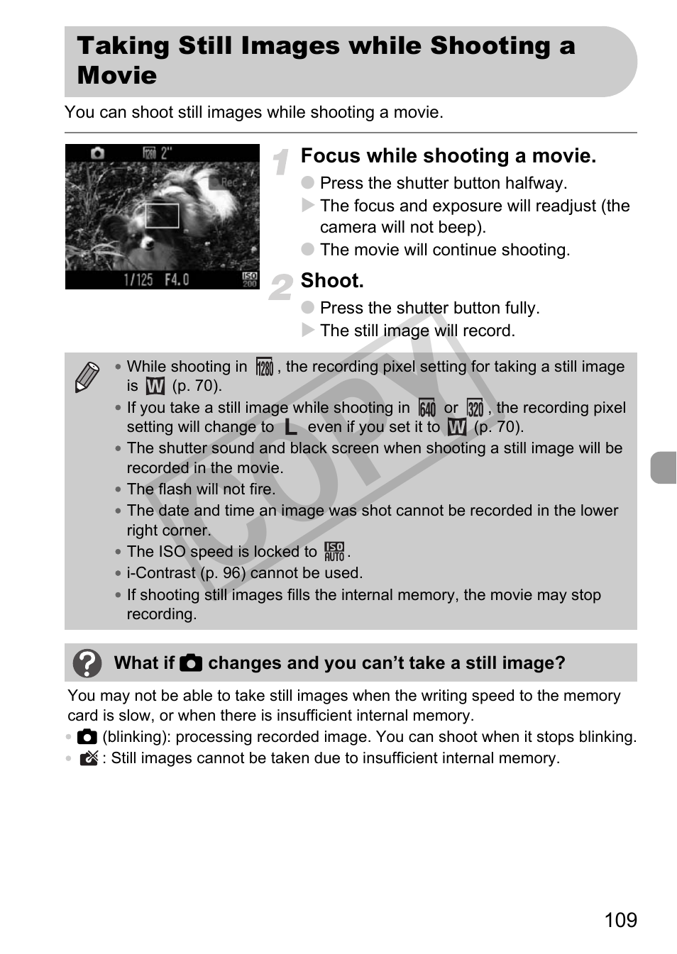 Taking still images while shooting a movie, Co py | Canon POWERSHOT SX201S User Manual | Page 109 / 180