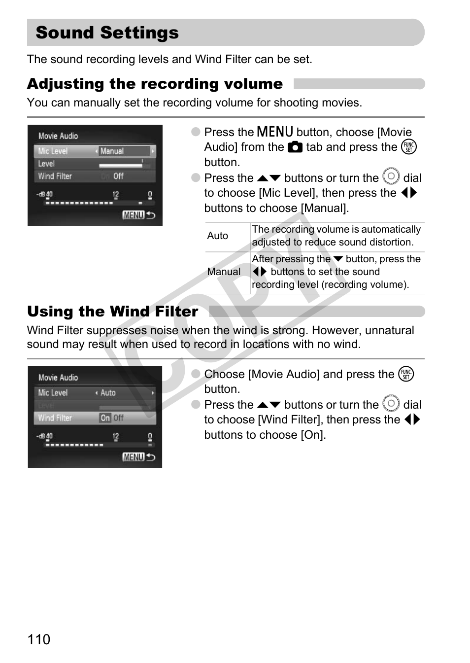 Sound settings, Co py | Canon POWERSHOT SX201S User Manual | Page 110 / 180