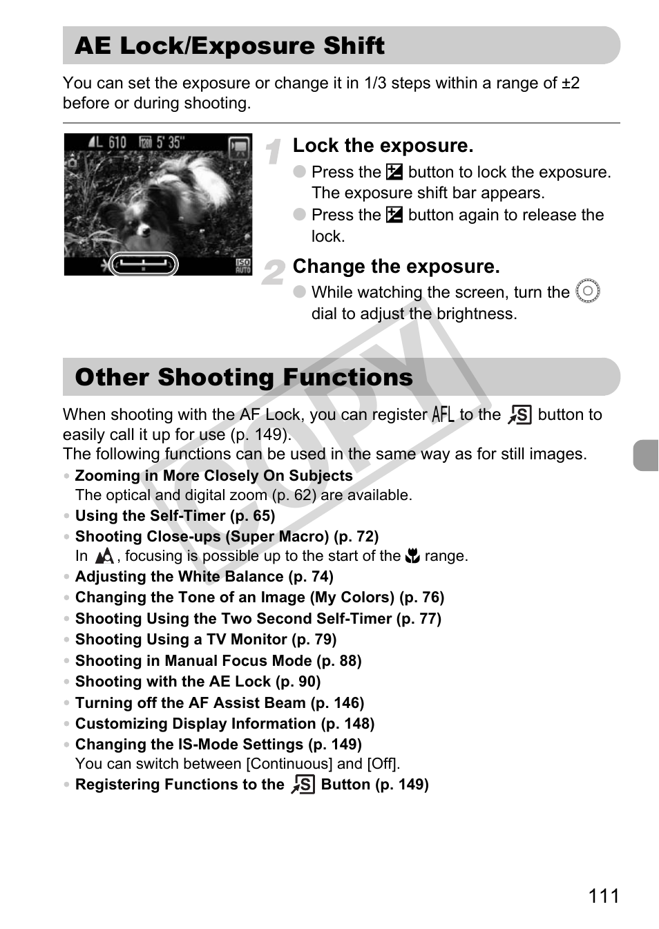 Ae lock/exposure shift other shooting functions, Amount (p. 111), P. 111) | Ft (p. 111) s, C o py | Canon POWERSHOT SX201S User Manual | Page 111 / 180