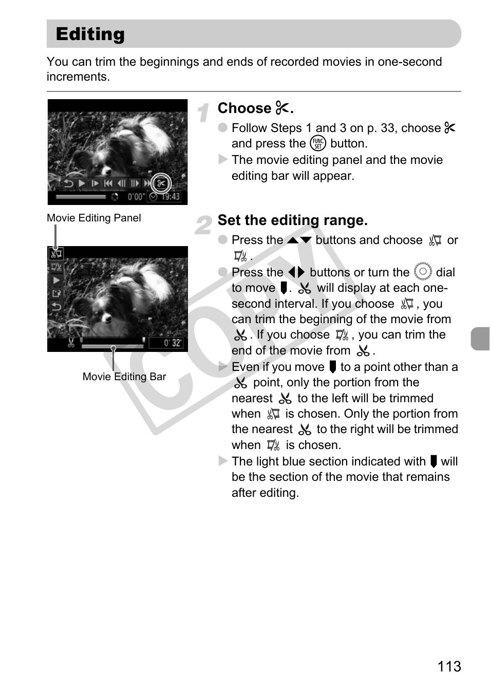 Editing, Edit (p. 113), Co py | Canon POWERSHOT SX201S User Manual | Page 113 / 180