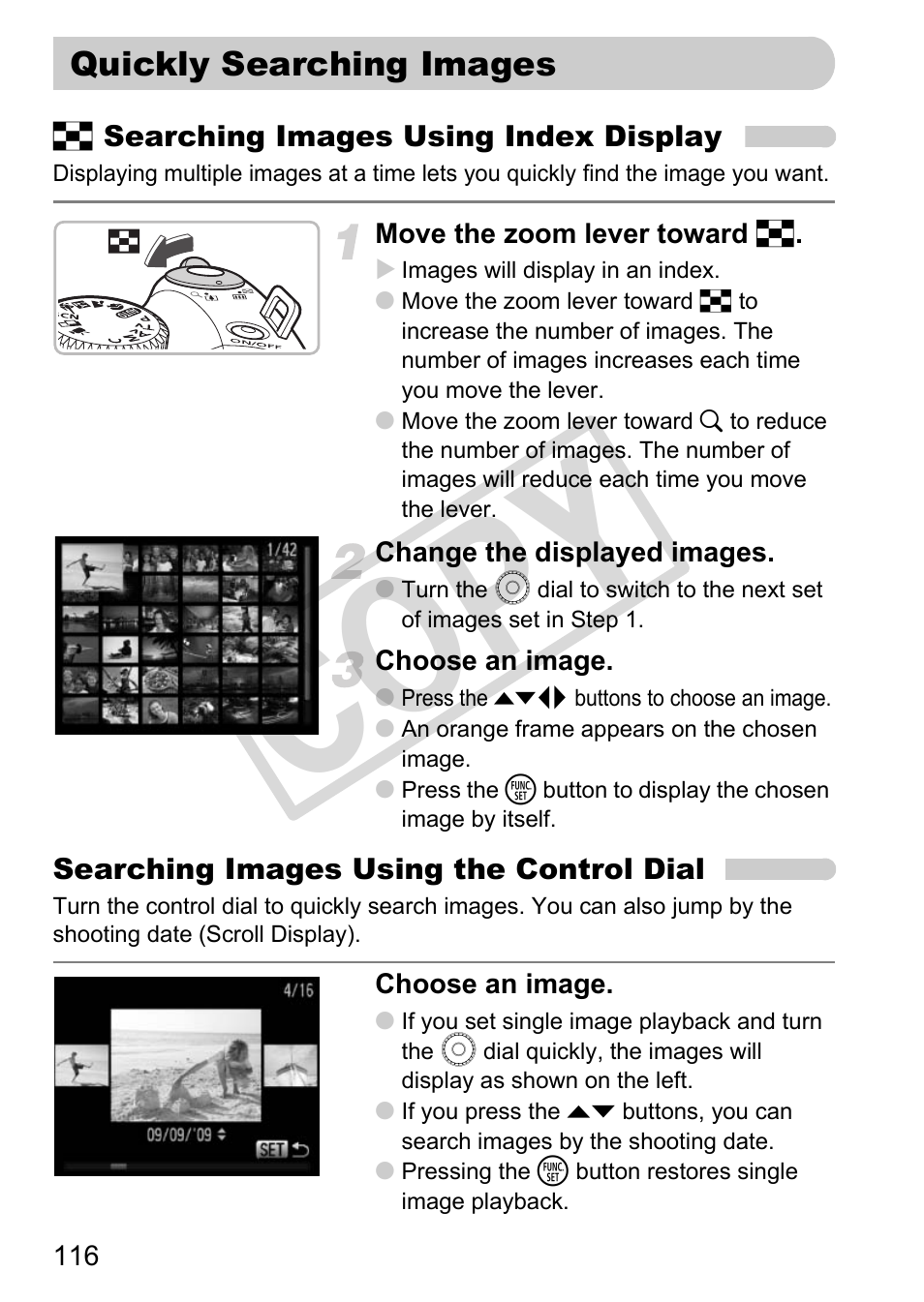 Quickly searching images, P. 116), Quickly searching images (p. 116) | Co py | Canon POWERSHOT SX201S User Manual | Page 116 / 180