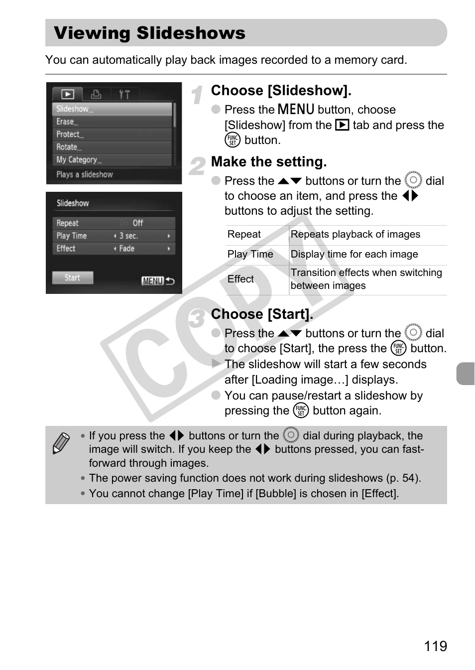 Viewing slideshows, Viewing slideshows (p. 119), Viewing slideshows” (p. 119), and | Co py | Canon POWERSHOT SX201S User Manual | Page 119 / 180