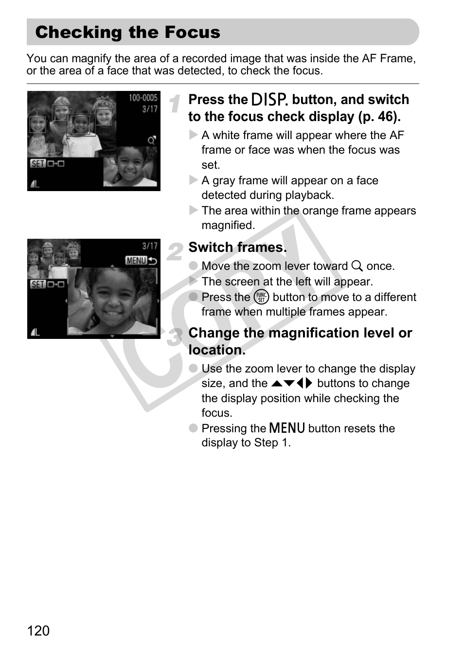 Checking the focus, Co py | Canon POWERSHOT SX201S User Manual | Page 120 / 180