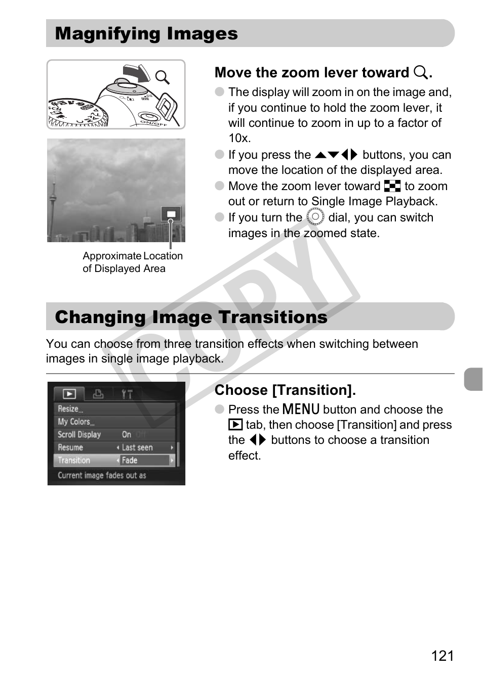 Magnifying images changing image transitions, Changing image transitions (p. 121), Magnifying images” (p. 121) | Co py | Canon POWERSHOT SX201S User Manual | Page 121 / 180