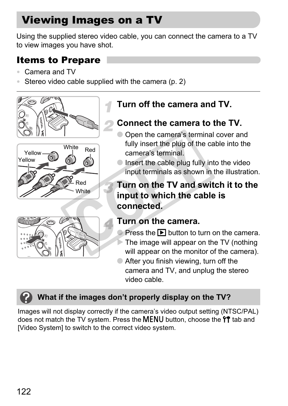 Viewing images on a tv, P. 122, Viewing images on a tv (p. 122) | Co py | Canon POWERSHOT SX201S User Manual | Page 122 / 180