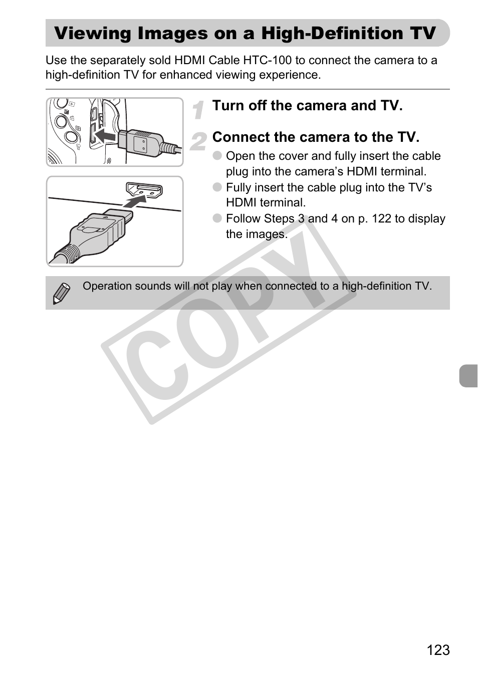 Viewing images on a high-definition tv, Co py | Canon POWERSHOT SX201S User Manual | Page 123 / 180