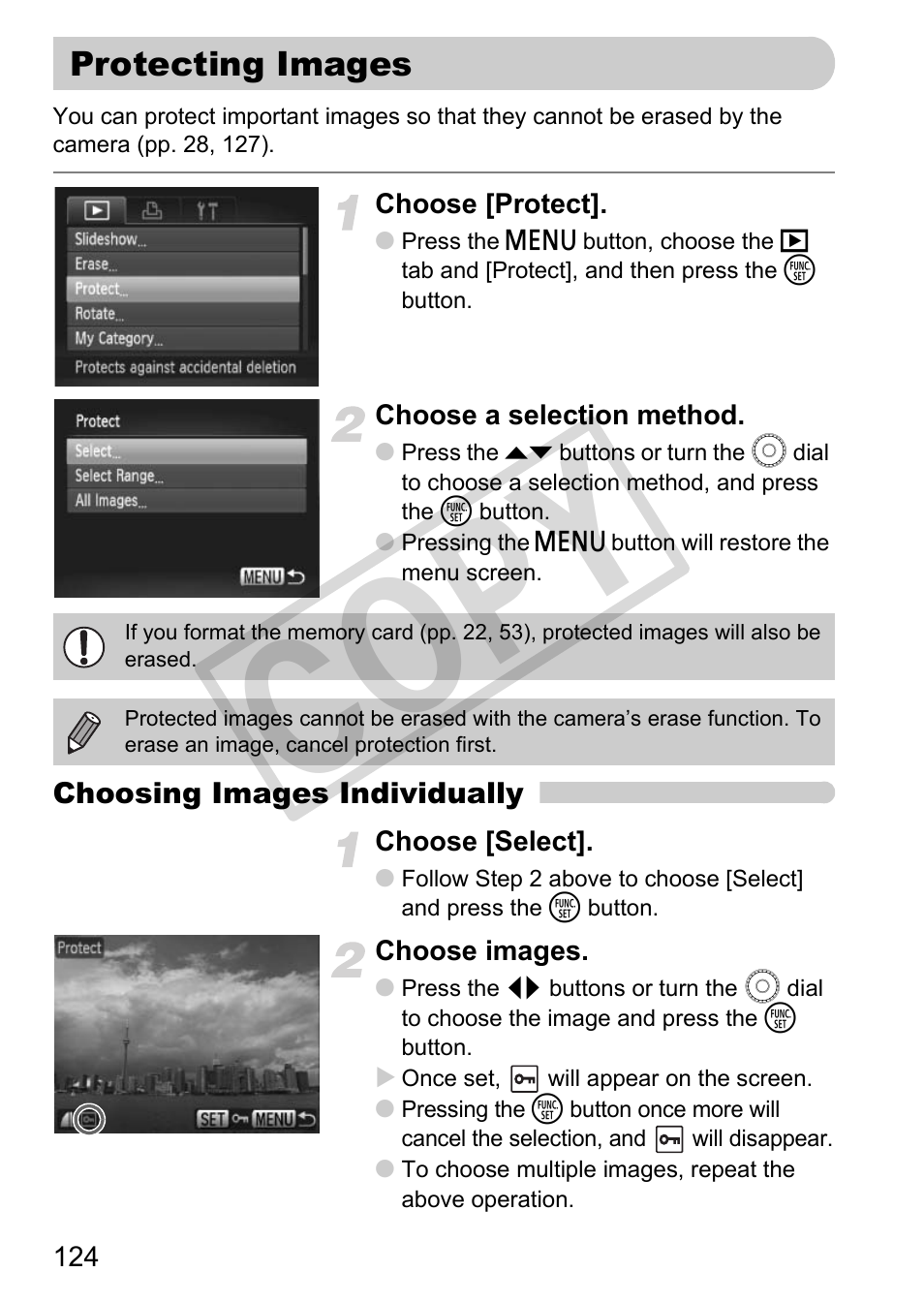 Protecting images, Tect (p. 124), Protecting images (p. 124) | In “protecting images” (p. 124), “e, Co py | Canon POWERSHOT SX201S User Manual | Page 124 / 180