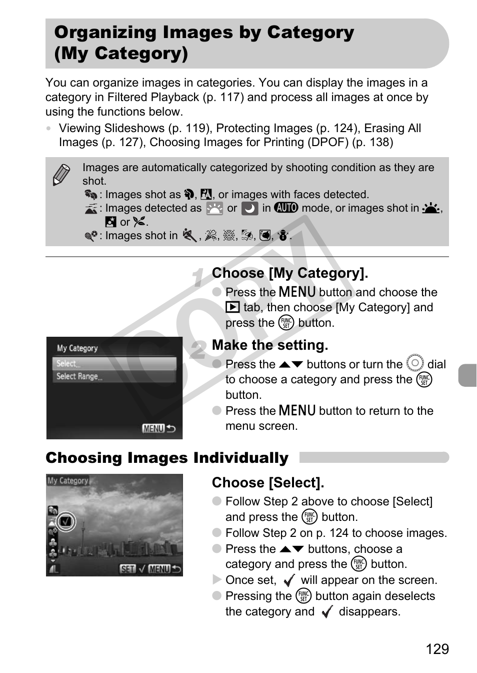 Organizing images by category (my category), My category (p. 129), P. 129) | Co py | Canon POWERSHOT SX201S User Manual | Page 129 / 180