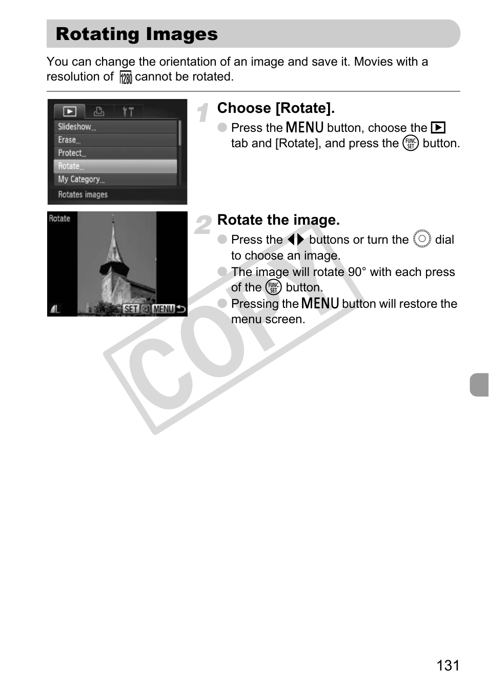 Rotating images, Rotating images (p. 131), Co py | Canon POWERSHOT SX201S User Manual | Page 131 / 180
