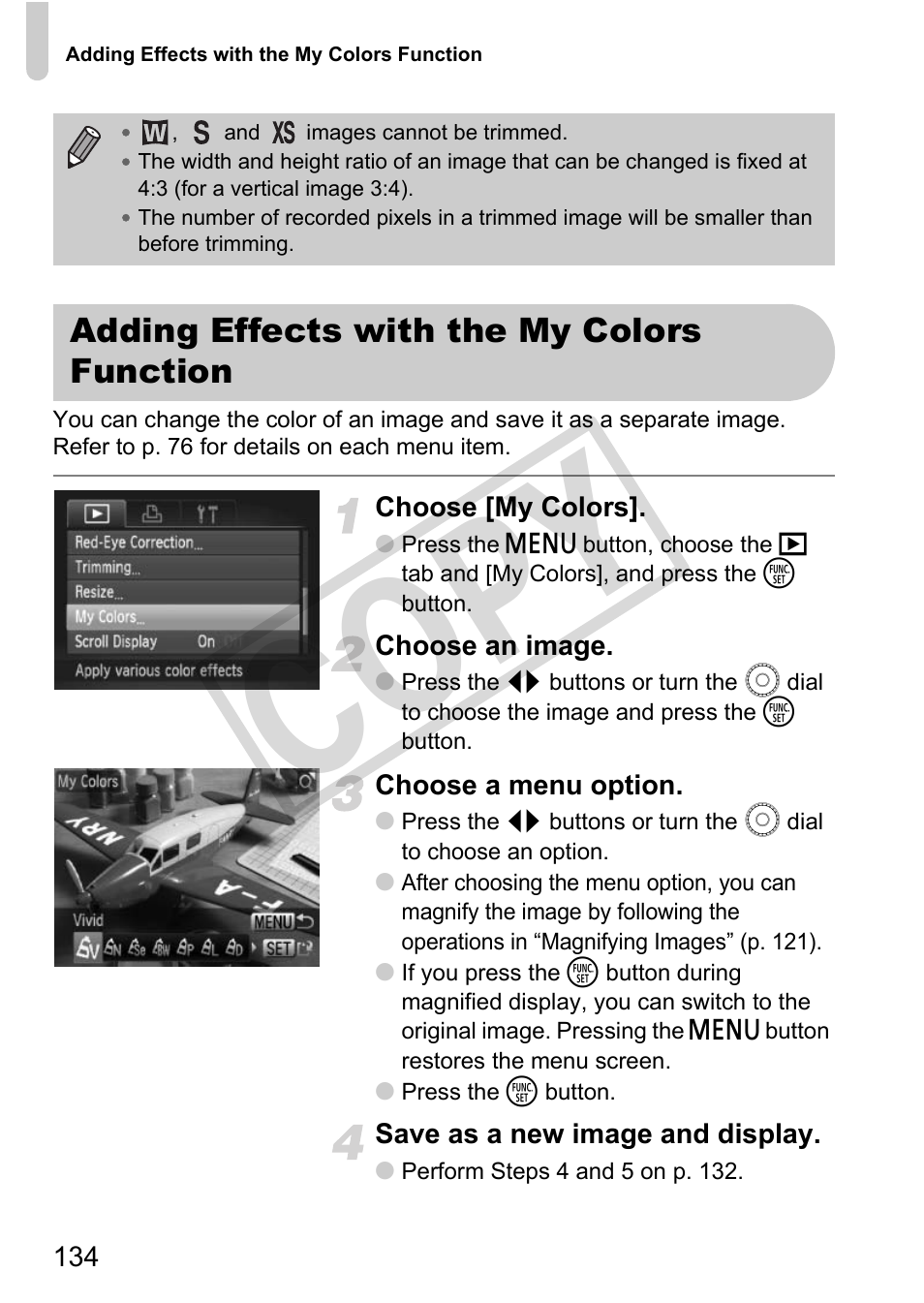 Adding effects with the my colors function, Co py | Canon POWERSHOT SX201S User Manual | Page 134 / 180