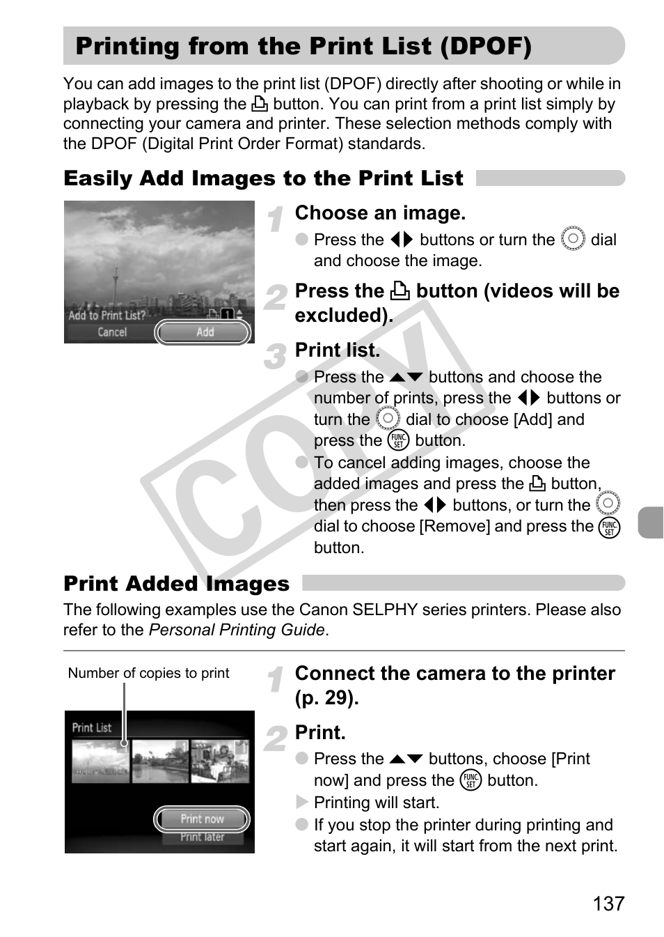 Printing from the print list (dpof), Print list (p. 137), Rinting from the print list (dpof)” (p. 137) | Co py | Canon POWERSHOT SX201S User Manual | Page 137 / 180