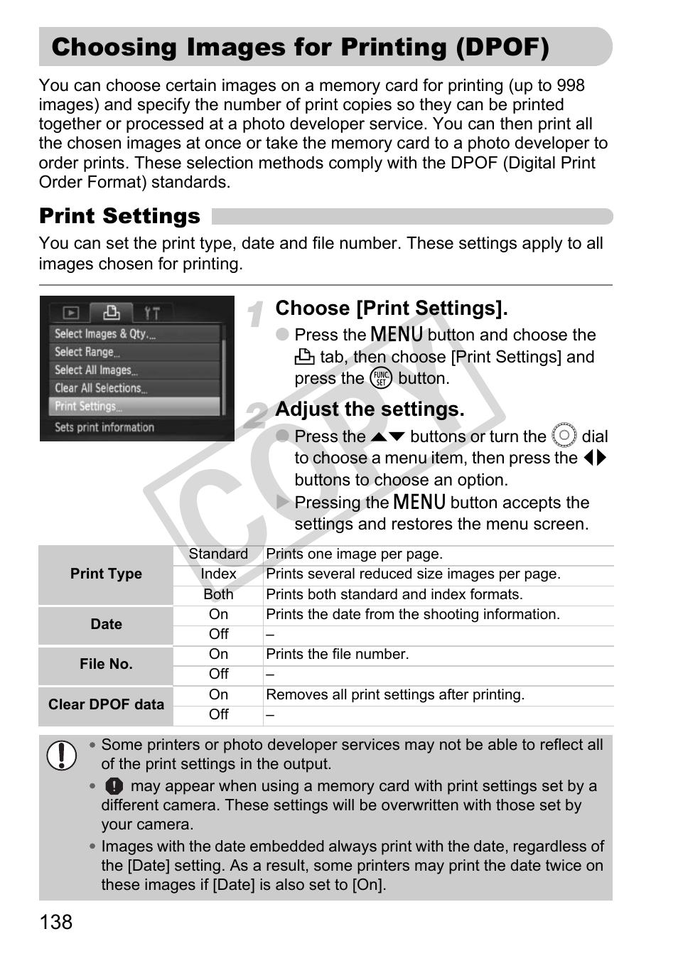 Choosing images for printing (dpof), S (p. 138) to p, P. 138) | Co py | Canon POWERSHOT SX201S User Manual | Page 138 / 180