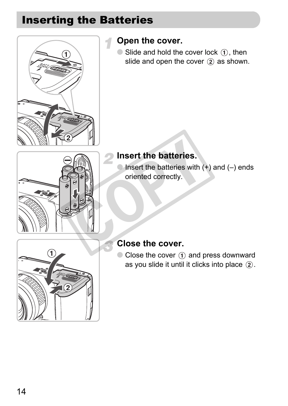 Inserting the batteries, Co py | Canon POWERSHOT SX201S User Manual | Page 14 / 180