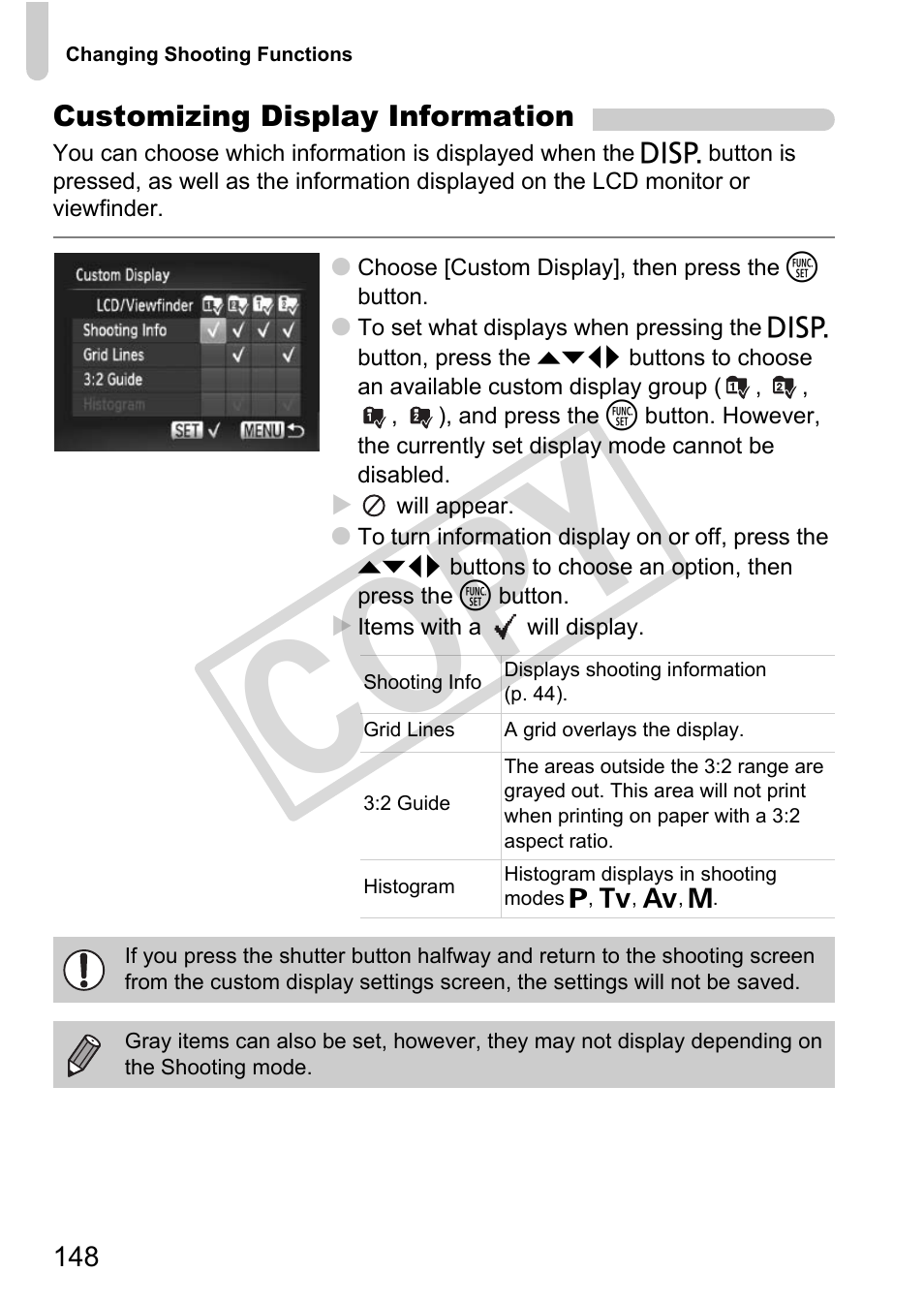 Histogram (p. 148, P. 148), G (p. 148 | Customizing display information (p. 148), Co py | Canon POWERSHOT SX201S User Manual | Page 148 / 180