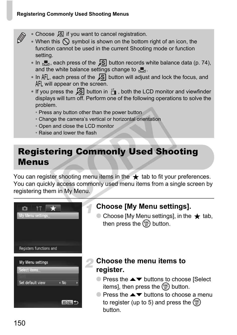 Registering commonly used shooting menus, P. 150, Co py | Canon POWERSHOT SX201S User Manual | Page 150 / 180