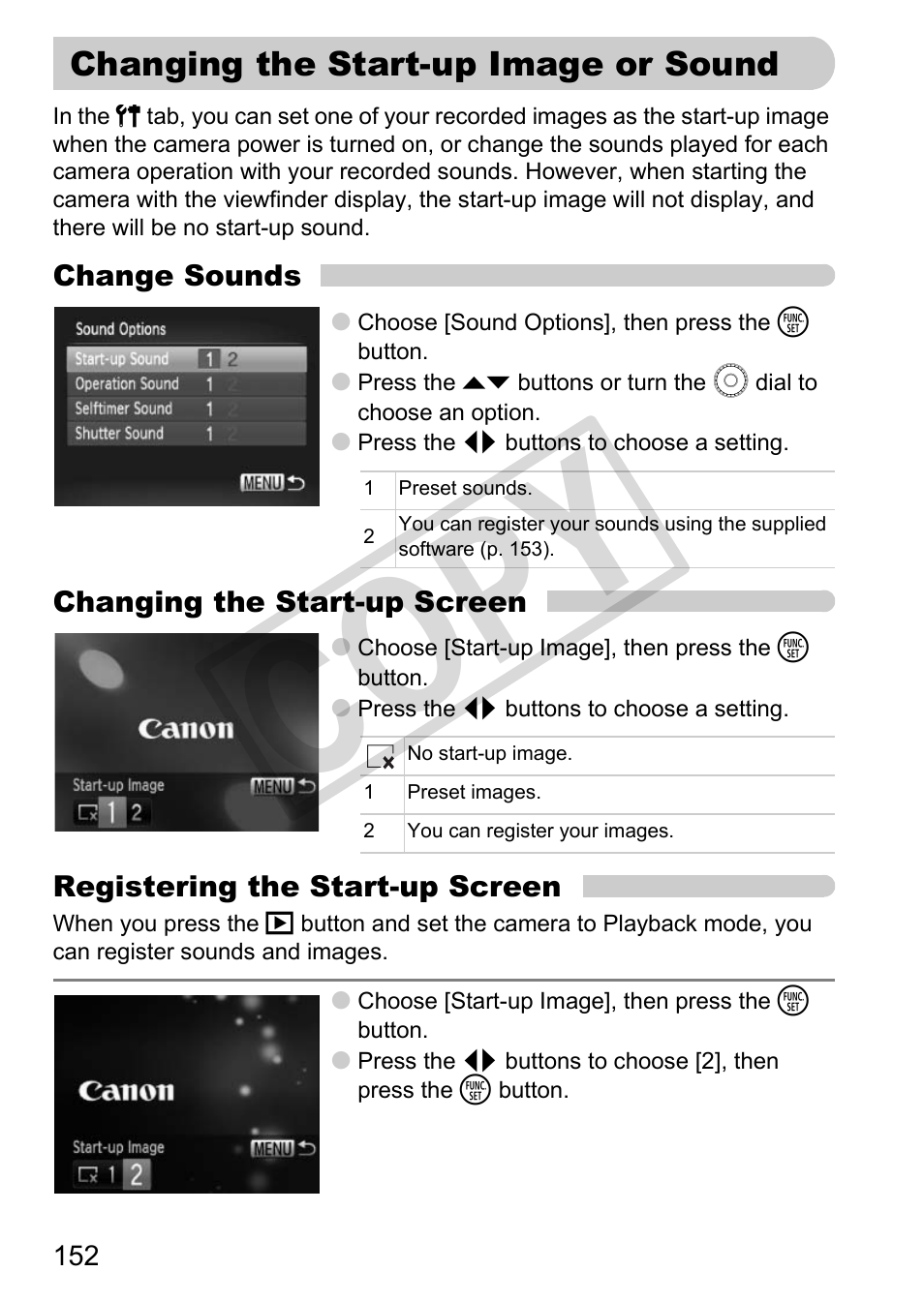 Changing the start-up image or sound, P. 152), Co py | Canon POWERSHOT SX201S User Manual | Page 152 / 180