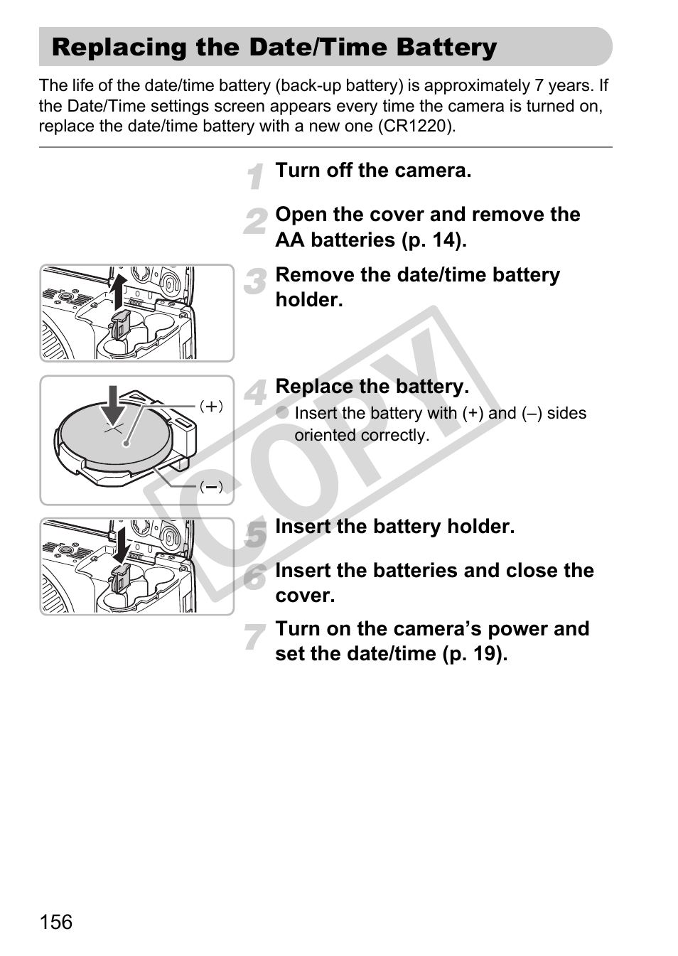 Replacing the date/time battery, Co py | Canon POWERSHOT SX201S User Manual | Page 156 / 180