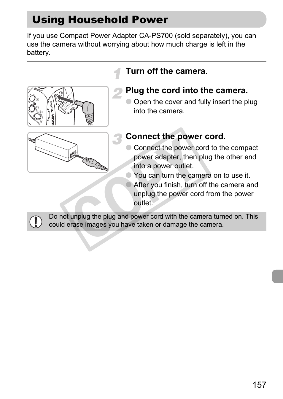 Using household power, T) terminal (p. 157), Co py | Canon POWERSHOT SX201S User Manual | Page 157 / 180
