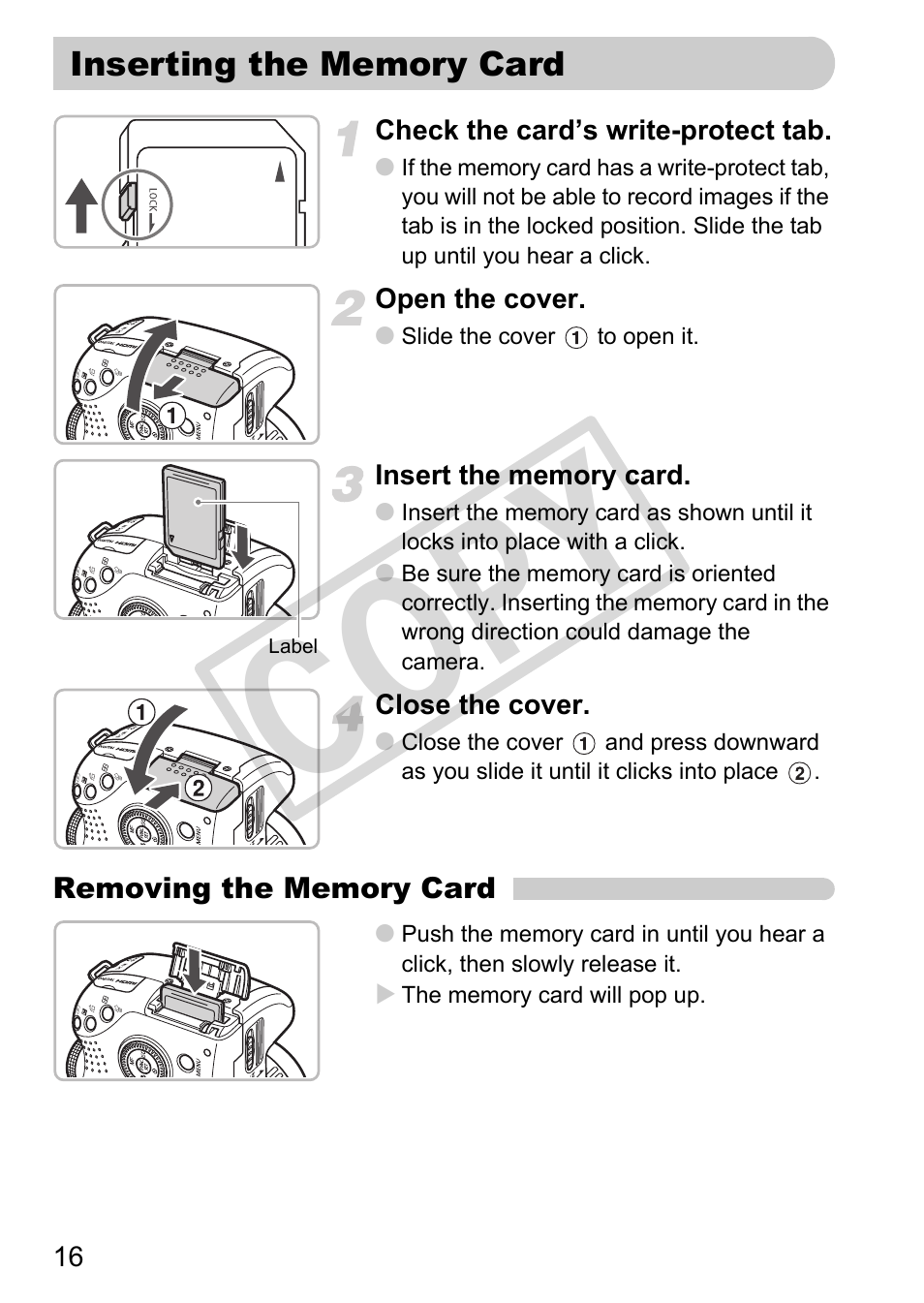 Inserting the memory card, Co py | Canon POWERSHOT SX201S User Manual | Page 16 / 180