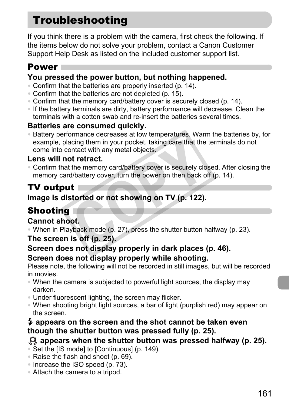 Troubleshooting, C o py | Canon POWERSHOT SX201S User Manual | Page 161 / 180