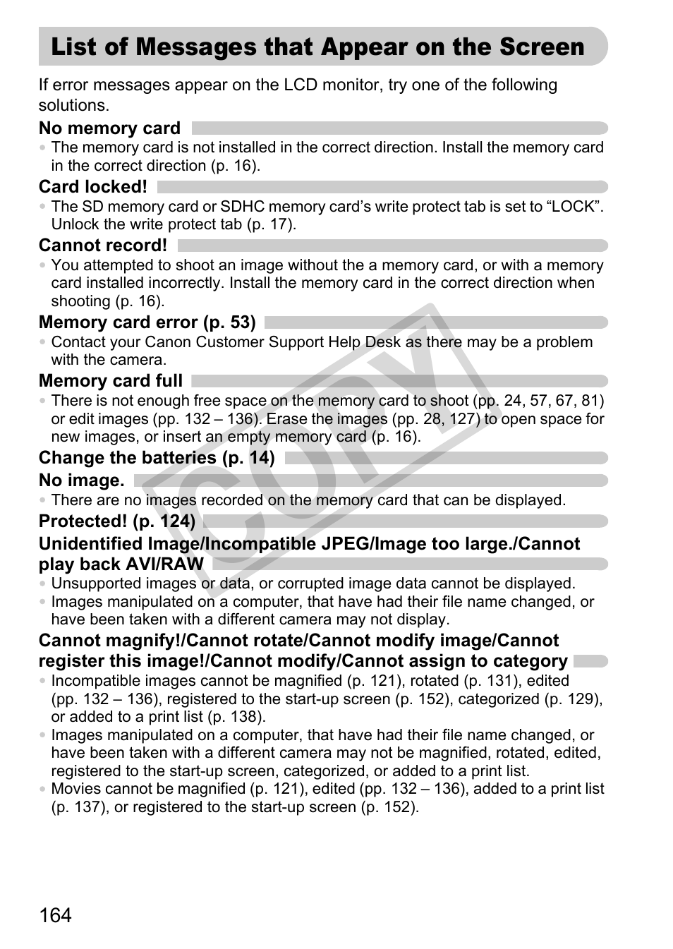 List of messages that appear on the screen, Co p y | Canon POWERSHOT SX201S User Manual | Page 164 / 180