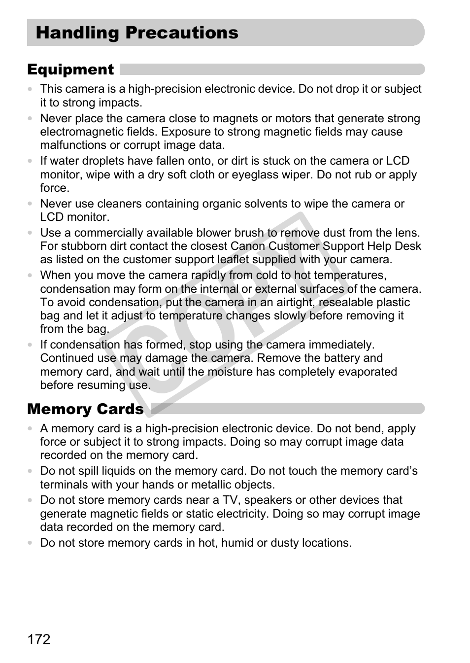 Handling precautions, Co py | Canon POWERSHOT SX201S User Manual | Page 172 / 180