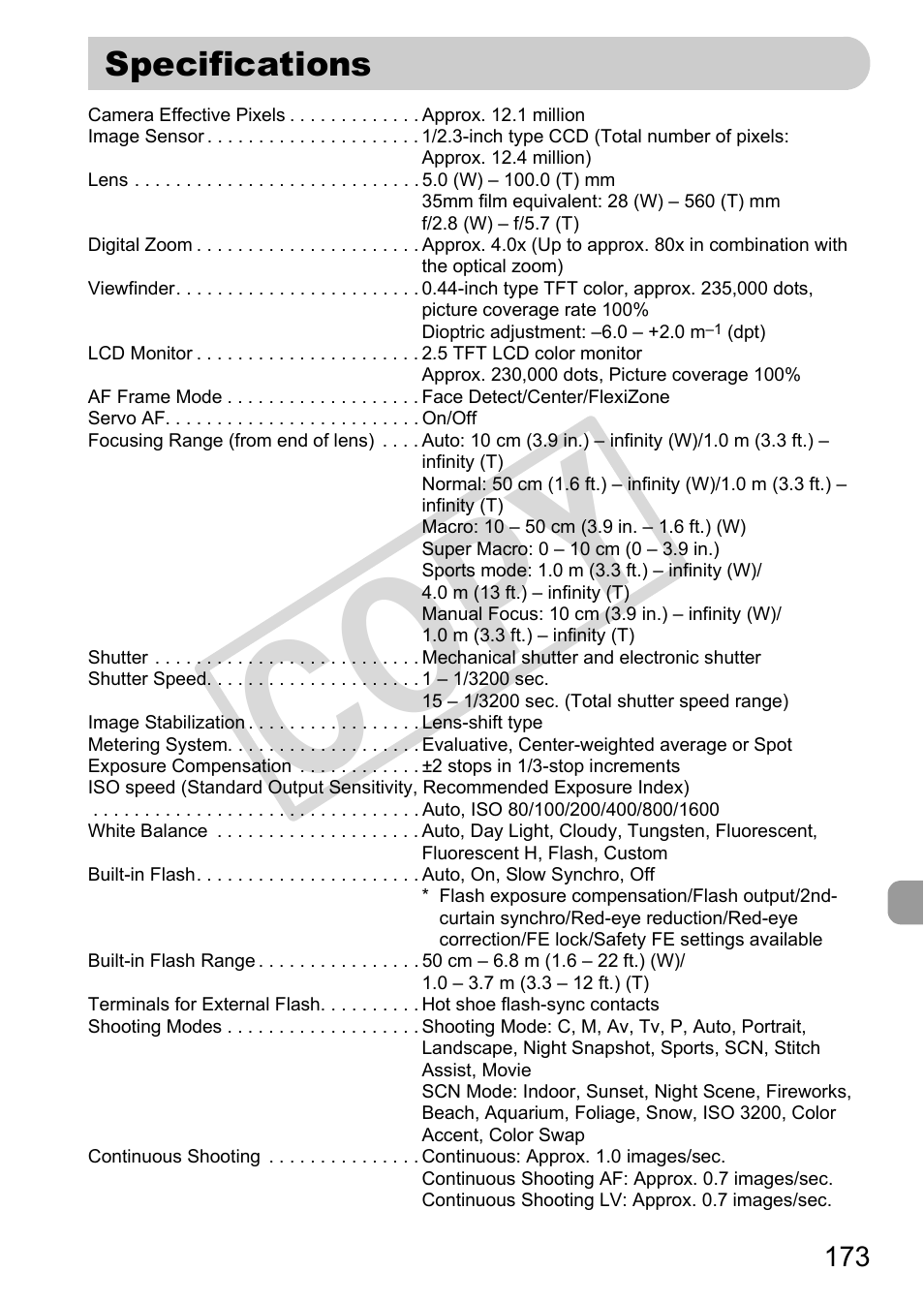 Specifications, P. 173, Co py | Canon POWERSHOT SX201S User Manual | Page 173 / 180
