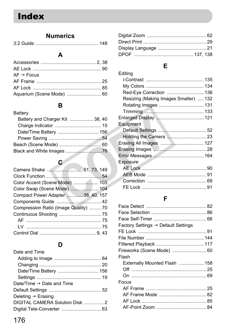 Index, C o p y | Canon POWERSHOT SX201S User Manual | Page 176 / 180