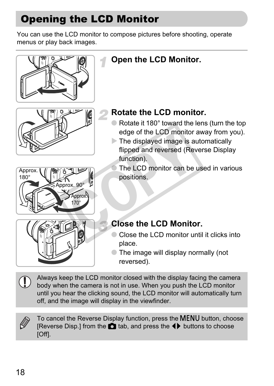 Opening the lcd monitor, Co py | Canon POWERSHOT SX201S User Manual | Page 18 / 180