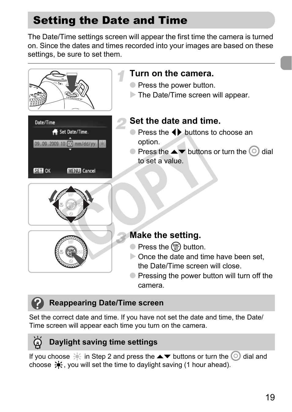 Setting the date and time, Co py | Canon POWERSHOT SX201S User Manual | Page 19 / 180