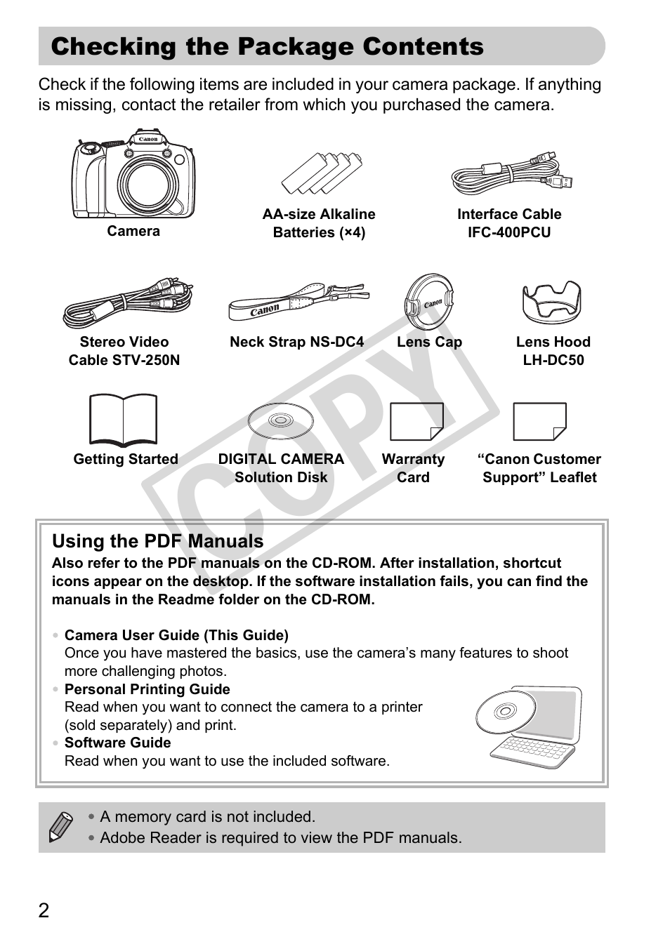 Co py, Checking the package contents | Canon POWERSHOT SX201S User Manual | Page 2 / 180