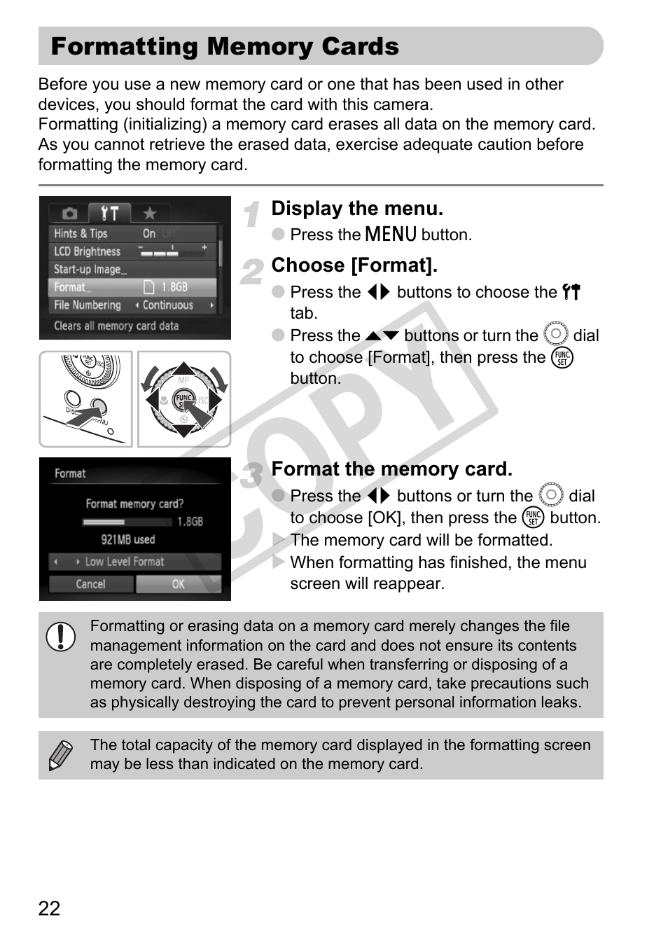 Formatting memory cards, Co py | Canon POWERSHOT SX201S User Manual | Page 22 / 180