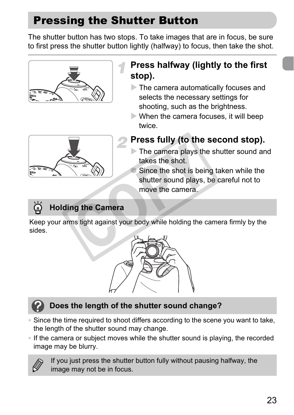 Pressing the shutter button, Co py | Canon POWERSHOT SX201S User Manual | Page 23 / 180