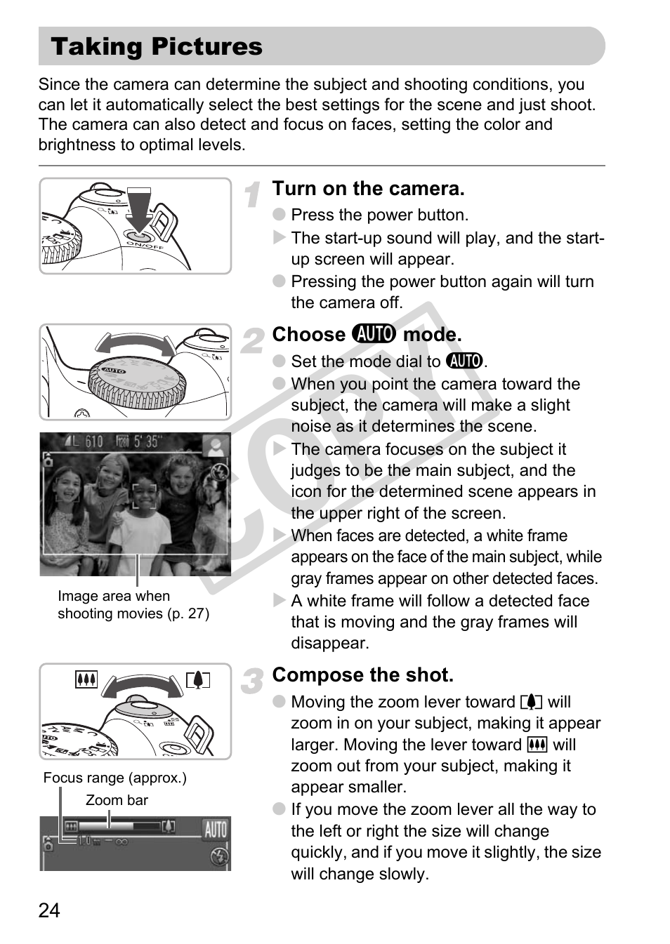Taking pictures, Co py | Canon POWERSHOT SX201S User Manual | Page 24 / 180