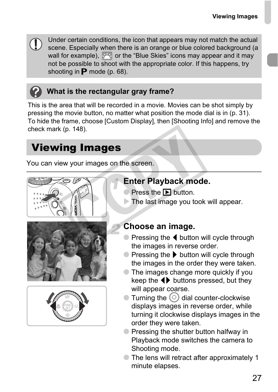 Viewing images, Co py | Canon POWERSHOT SX201S User Manual | Page 27 / 180