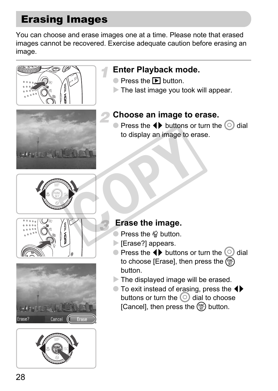Erasing images, Co py | Canon POWERSHOT SX201S User Manual | Page 28 / 180
