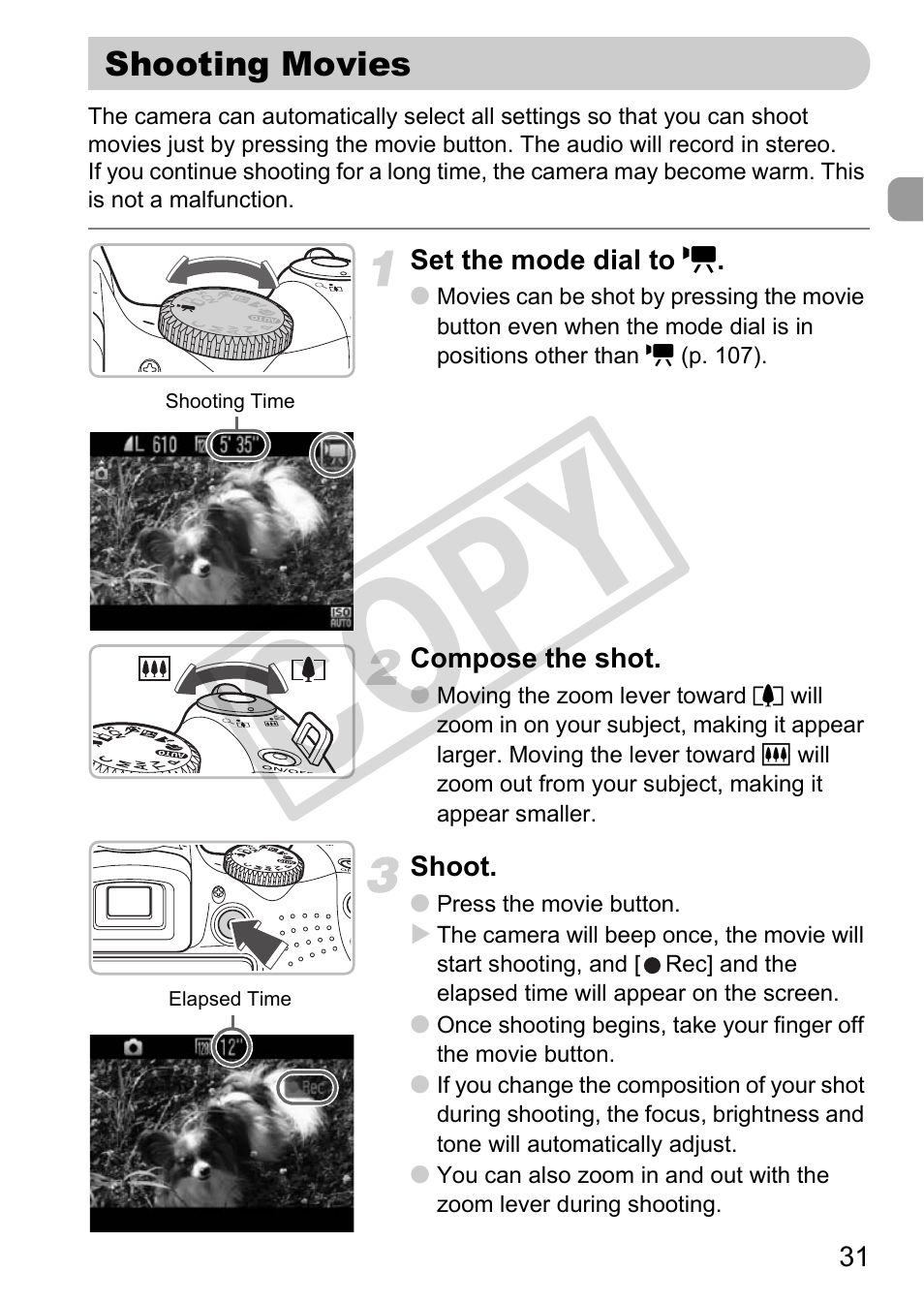 Shooting movies, Co py | Canon POWERSHOT SX201S User Manual | Page 31 / 180