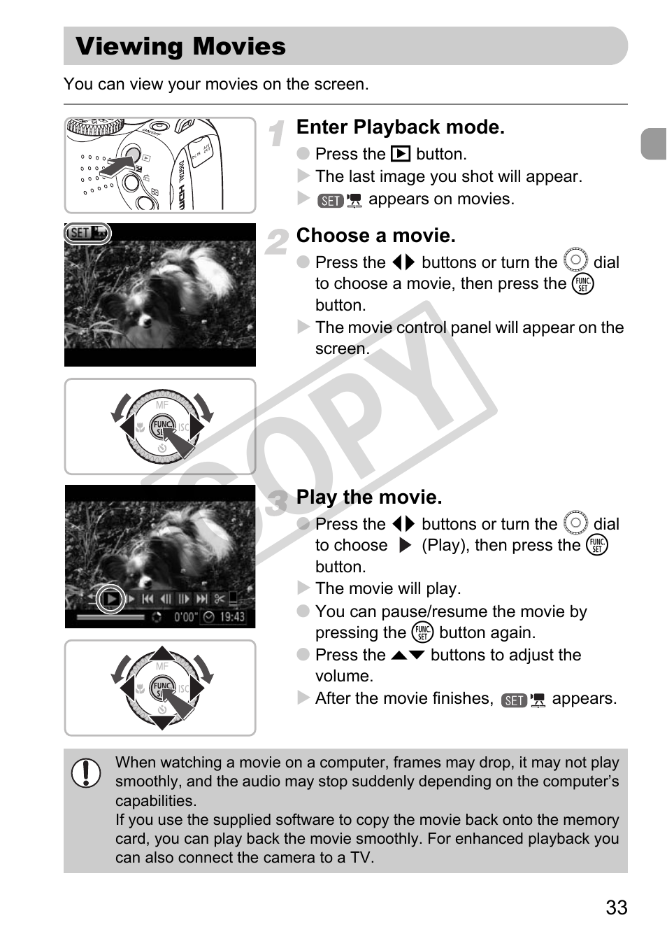 Viewing movies, Co py | Canon POWERSHOT SX201S User Manual | Page 33 / 180