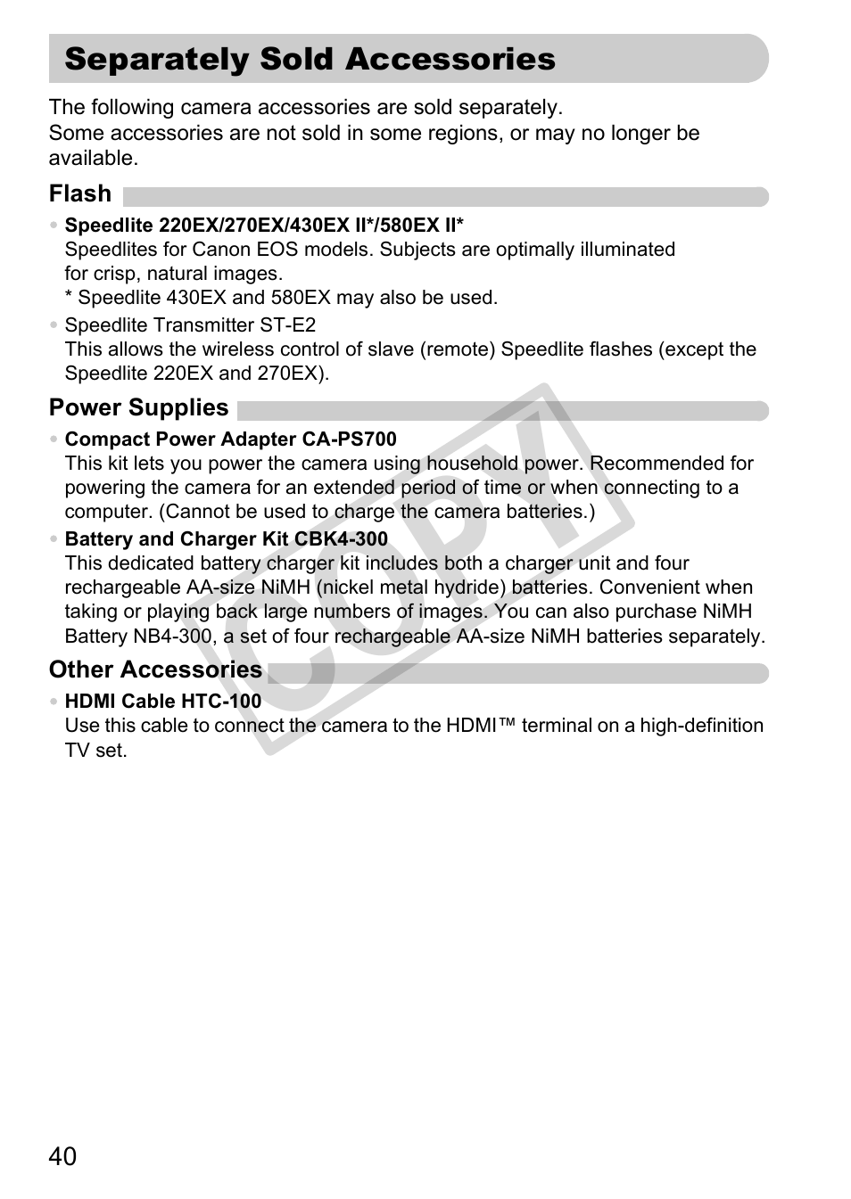 Separately sold accessories, Co py | Canon POWERSHOT SX201S User Manual | Page 40 / 180
