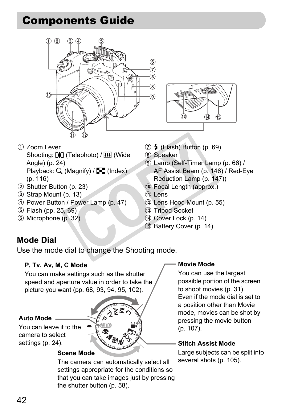 Components guide, Co p y | Canon POWERSHOT SX201S User Manual | Page 42 / 180