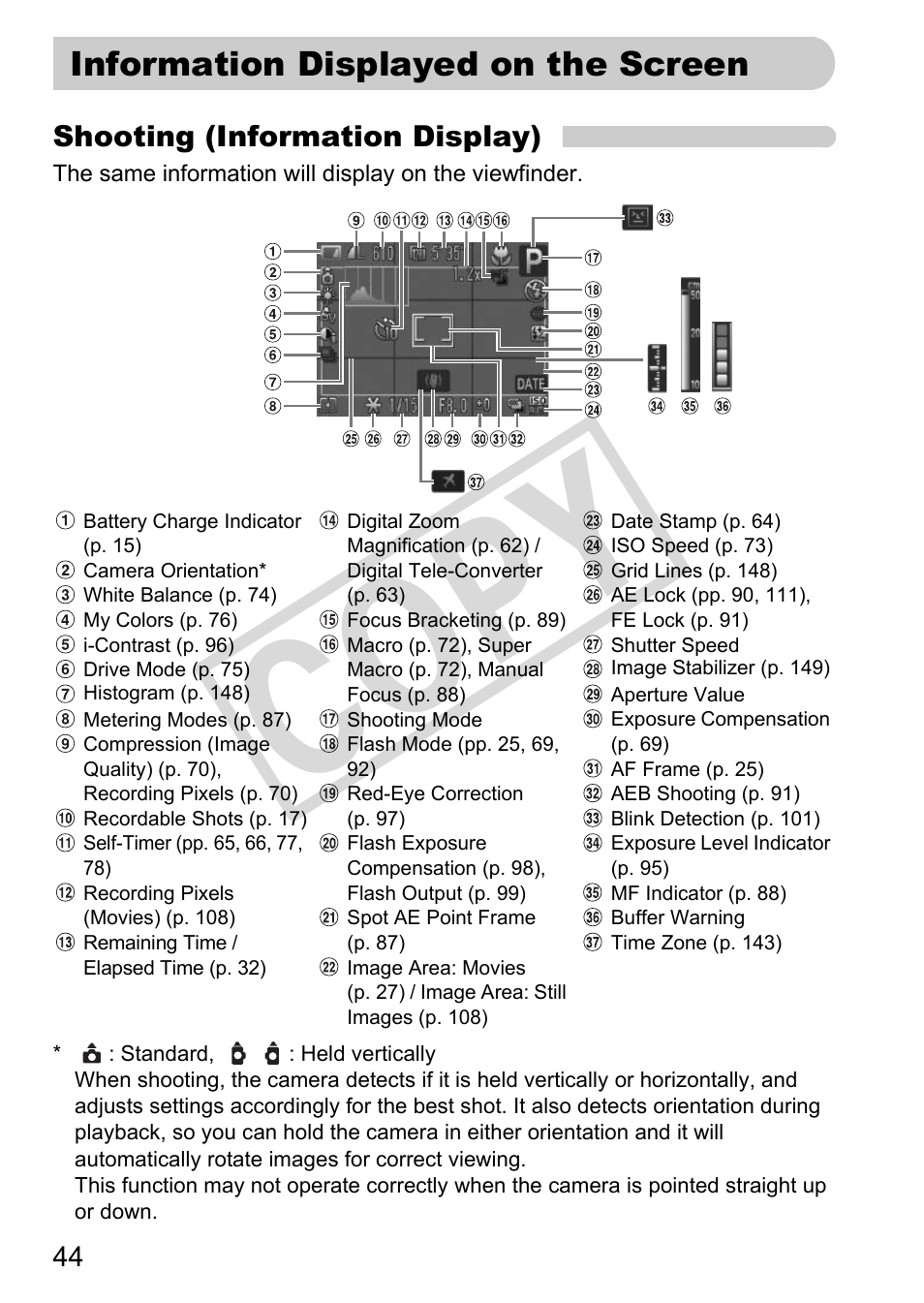 Information displayed on the screen, C o py | Canon POWERSHOT SX201S User Manual | Page 44 / 180
