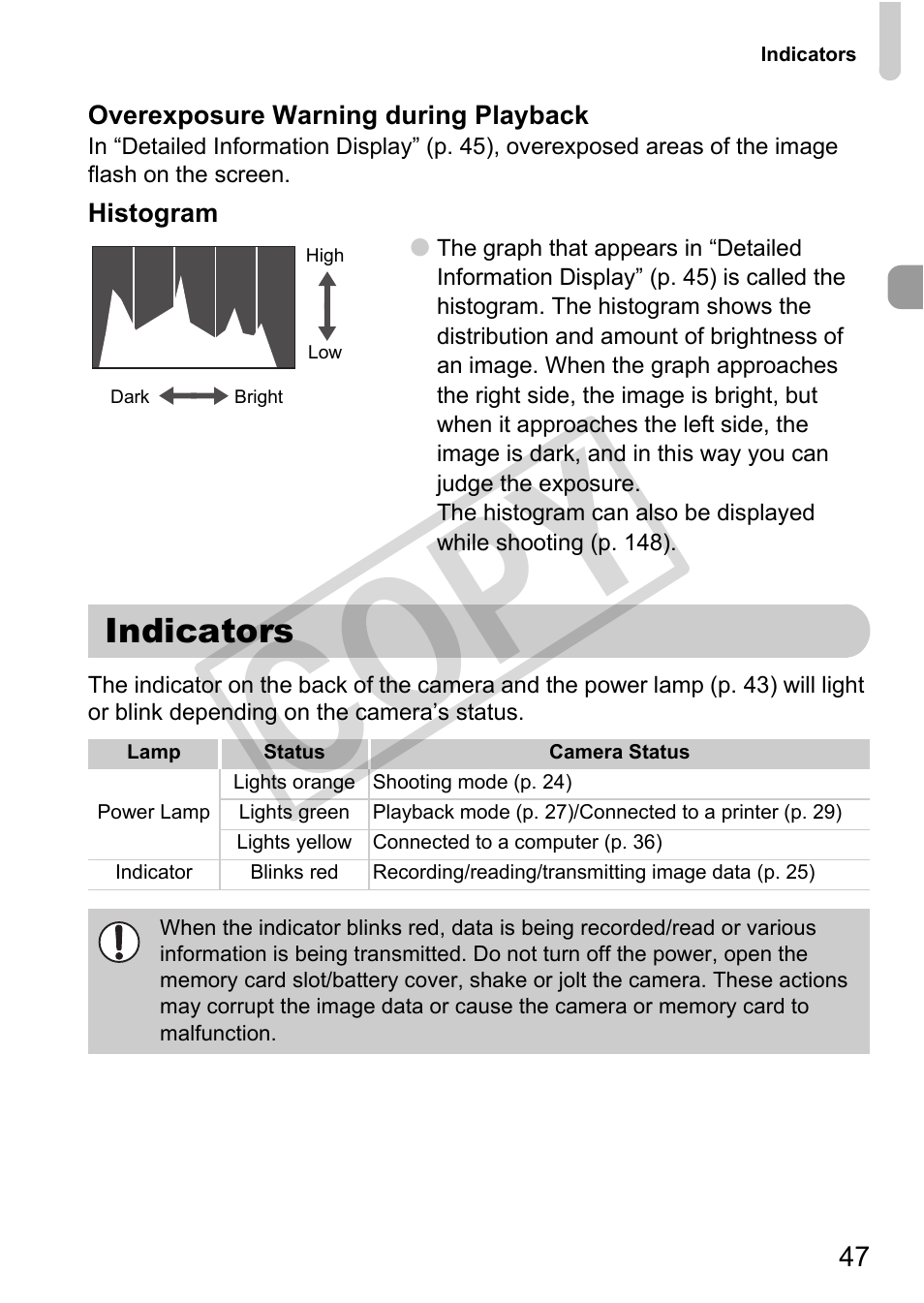 Indicators, Power lamp (p. 47), Ator (p. 47) | Histogram (p. 47), Co p y | Canon POWERSHOT SX201S User Manual | Page 47 / 180