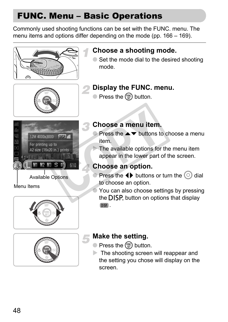 Func. menu – basic operations, P. 48), Co py | Canon POWERSHOT SX201S User Manual | Page 48 / 180
