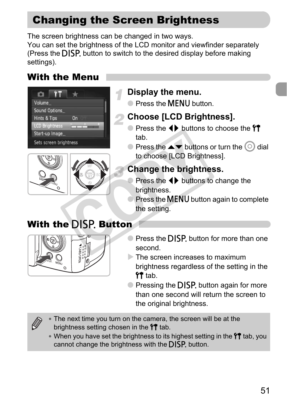 Changing the screen brightness, Co py | Canon POWERSHOT SX201S User Manual | Page 51 / 180