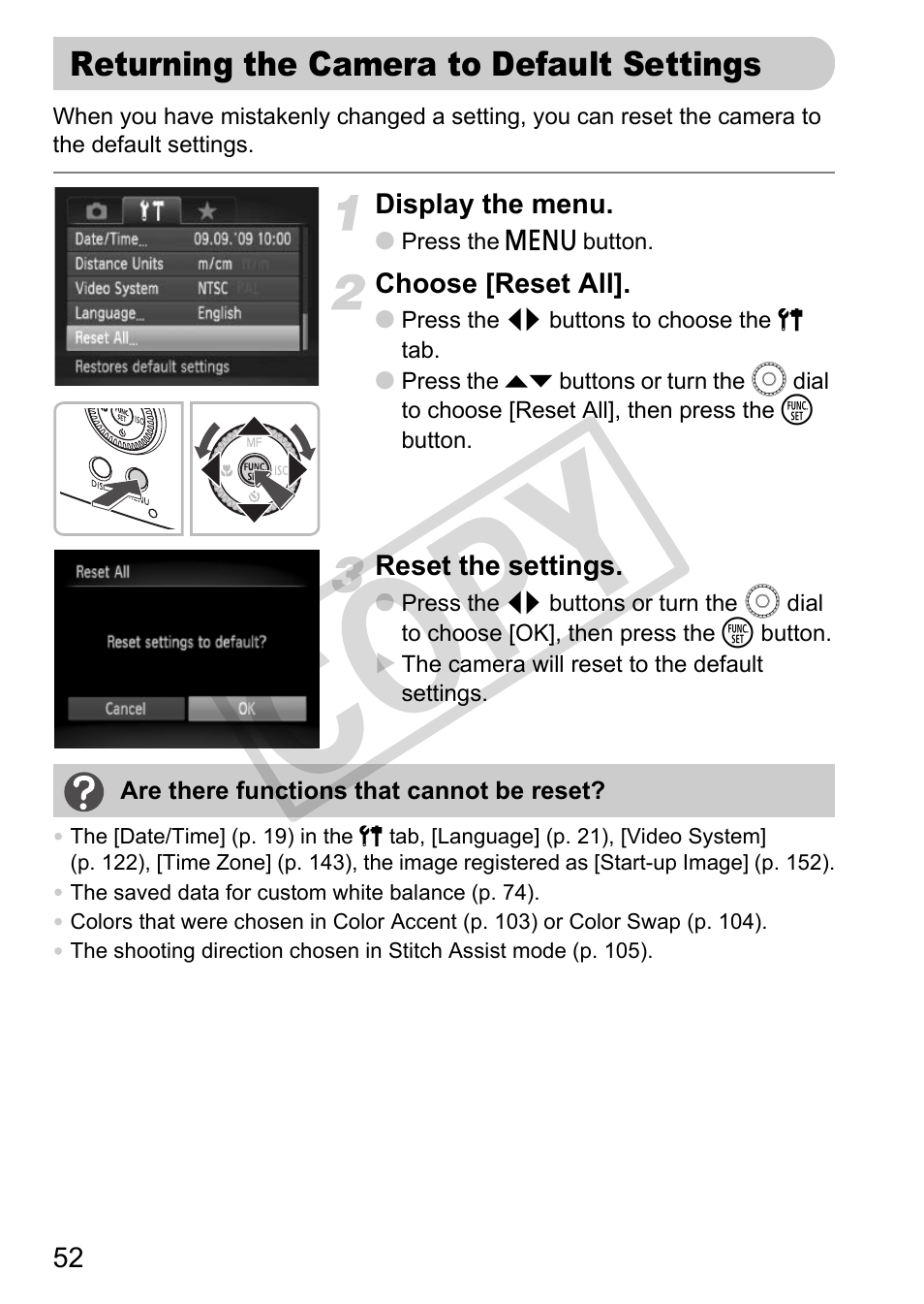 Returning the camera to default settings, Co py | Canon POWERSHOT SX201S User Manual | Page 52 / 180