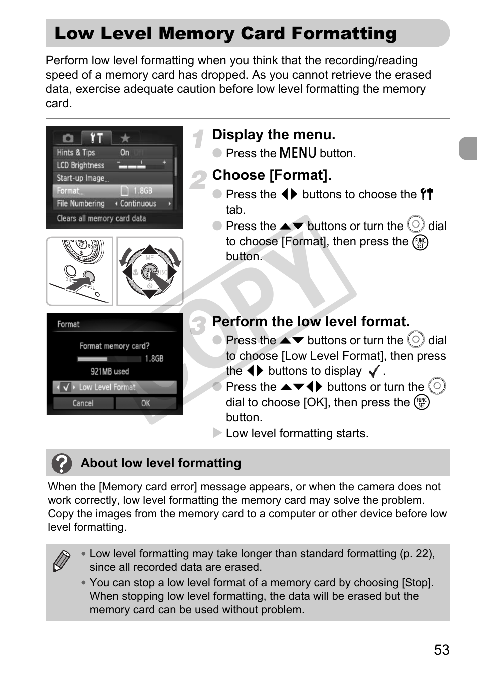 Low level memory card formatting, Co py | Canon POWERSHOT SX201S User Manual | Page 53 / 180